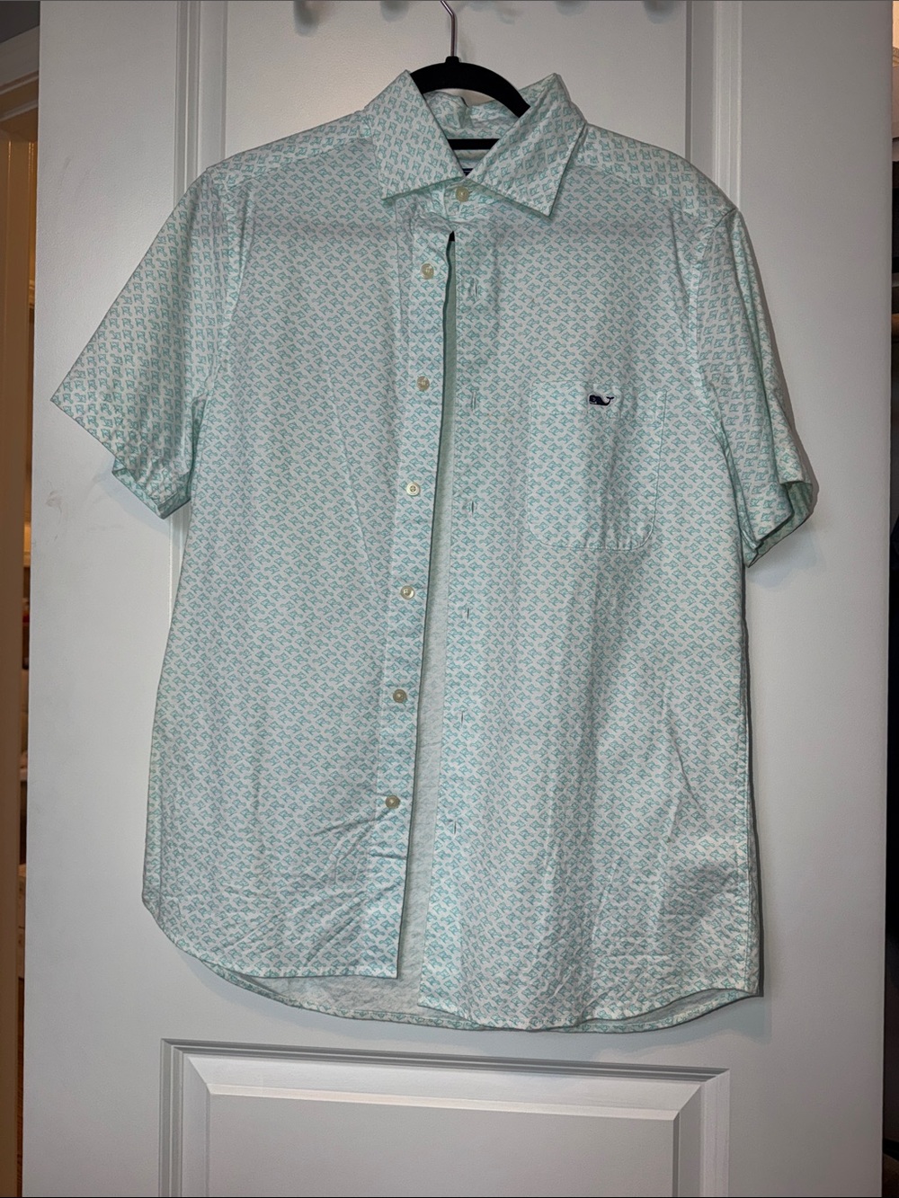 Vineyard Vines Men’s Light Aqua Patterned Short-Sleeve Button-Down Shirt